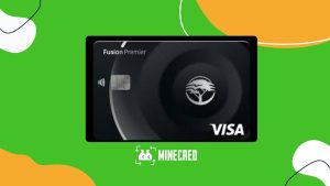 A black FNB Fusion Premier Visa card with a contactless symbol displayed at the center of a vibrant green background, featuring abstract orange and white design elements and the MineCred logo below the card.