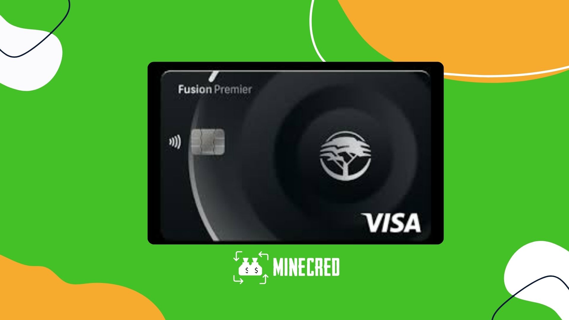 A black FNB Fusion Premier Visa card with a contactless symbol displayed at the center of a vibrant green background, featuring abstract orange and white design elements and the MineCred logo below the card.