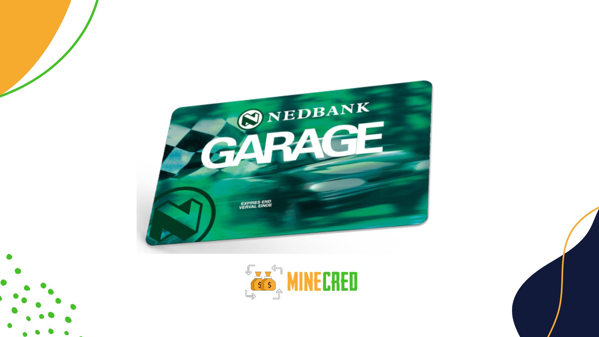 A green Nedbank Garage Card with bold white text and a racing-inspired background, centered above the MineCred logo on a white and green background with abstract orange, navy, and green design elements.