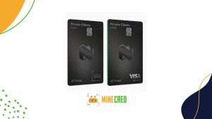 Two black Nedbank Private Clients cards side by side, labeled debit (American Express) and credit (Visa Signature), with the MineCred logo centered below on a white background accented by green and orange design elements.