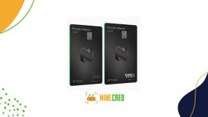 Two black Nedbank Private Clients credit cards displayed side by side, one with the American Express logo and the other with the Visa Signature logo, both labeled CF Frost, set against a white background with the MineCred logo centered below and colorful curved design elements on the corners.