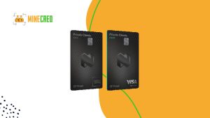 Two sleek black Nedbank Private Clients cards displayed side by side, one labeled debit (American Express) and the other credit (Visa Signature), set against a dynamic orange and white background with the MineCred logo in the top left corner.