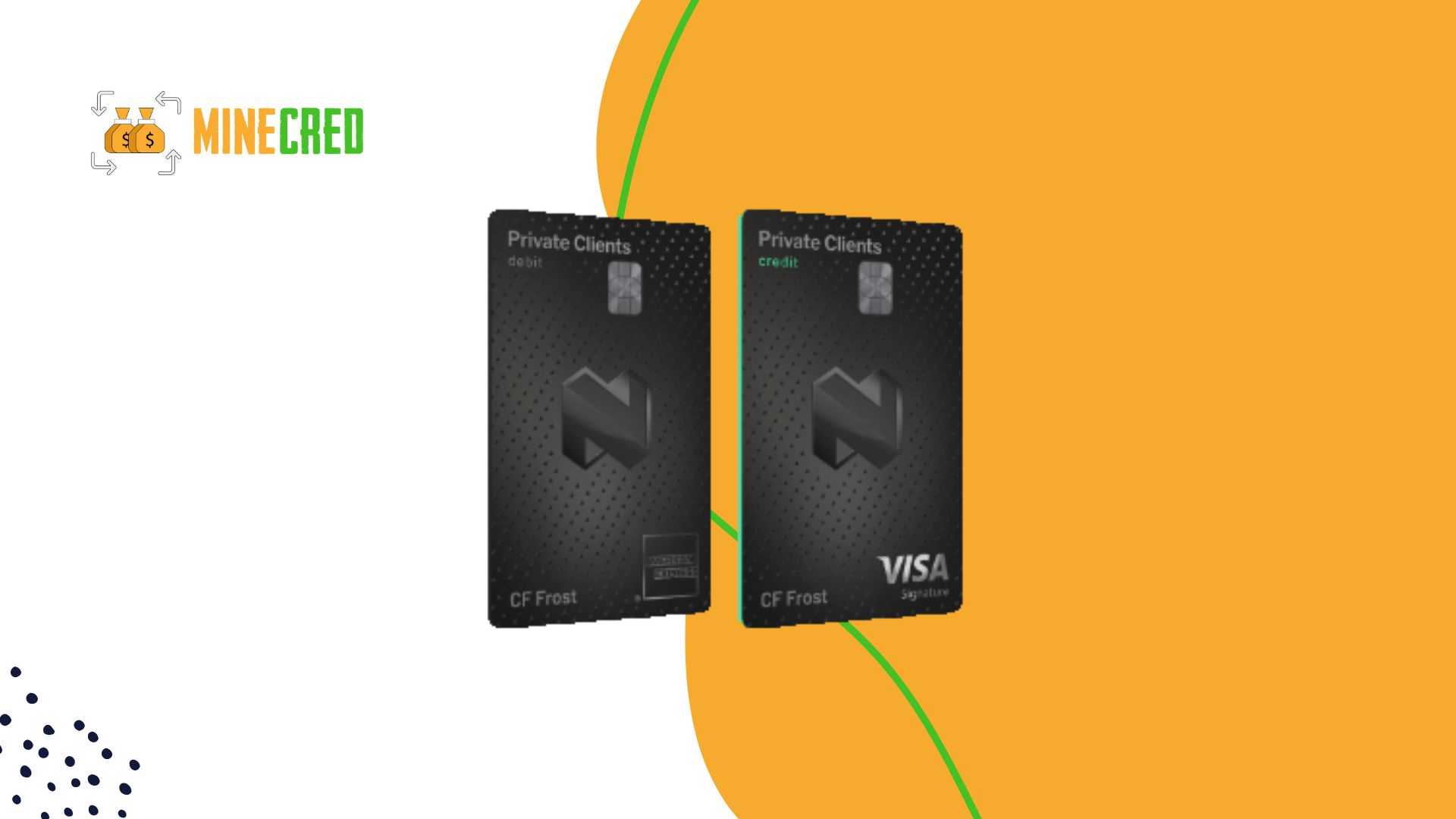 Two sleek black Nedbank Private Clients cards displayed side by side, one labeled debit (American Express) and the other credit (Visa Signature), set against a dynamic orange and white background with the MineCred logo in the top left corner.