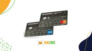 Two Nedbank business credit cards displayed on a white background, one with the American Express logo and the other labeled Small Business Credit with the Mastercard logo, placed above the MineCred logo and surrounded by colorful design accents in green, orange, and navy blue.