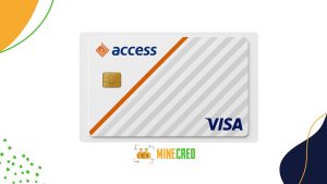 A sleek white Access Bank Visa card with light grey diagonal stripes, a bold orange line, gold chip, and the Access logo in blue and orange, set against a white background with colorful abstract accents and the MineCred logo at the bottom.