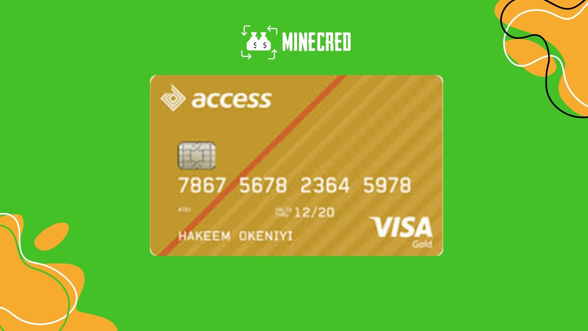 A hand holding the Acess Bank Visa Gold card, featuring a sleek gold design with diagonal stripes, a chip, and the Visa logo.