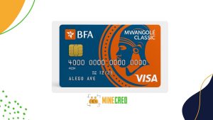 A BFA Mwangolé Classic Visa card with a bold blue and orange design, featuring a profile illustration of an Angolan figure, a gold chip, and the cardholder name 'Alego Ave', set against a white background with colorful abstract elements and the MineCred logo below.