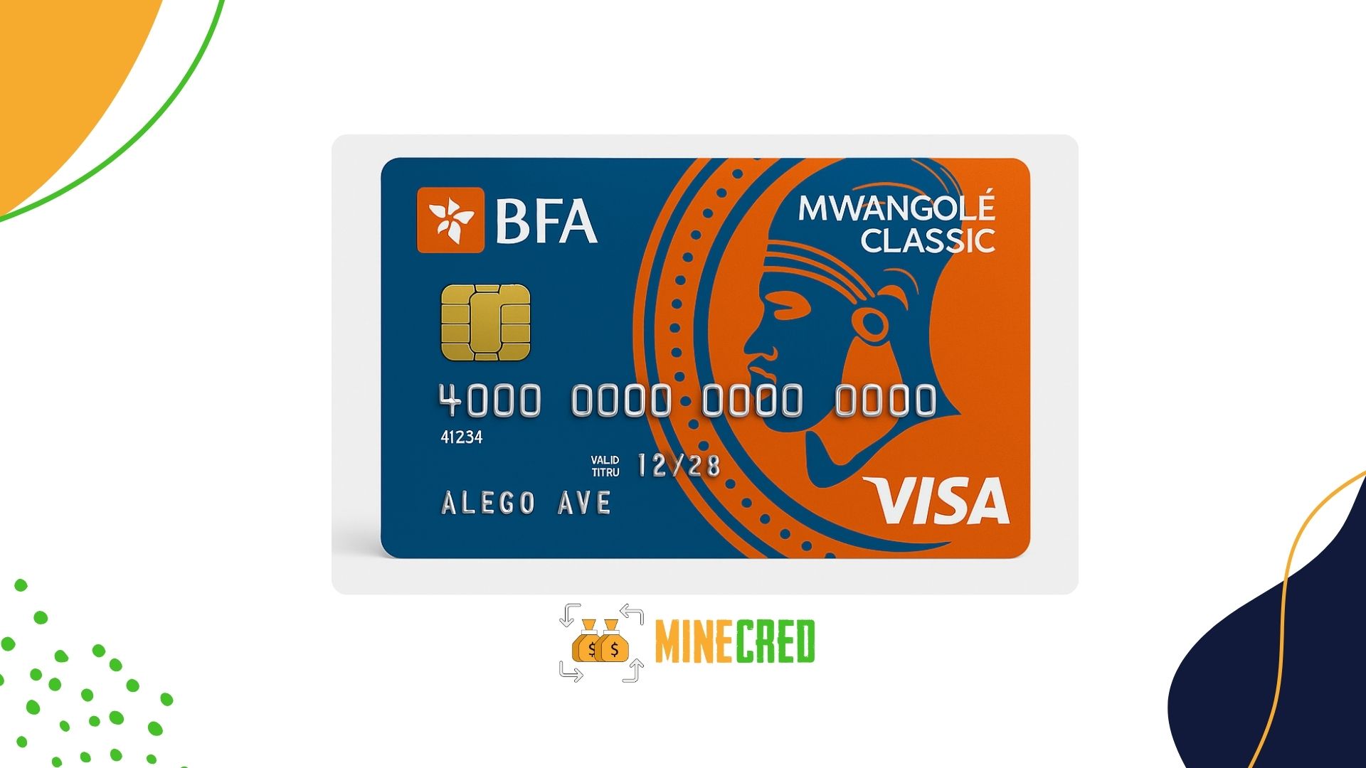 A BFA Mwangolé Classic Visa card with a bold blue and orange design, featuring a profile illustration of an Angolan figure, a gold chip, and the cardholder name 'Alego Ave', set against a white background with colorful abstract elements and the MineCred logo below.