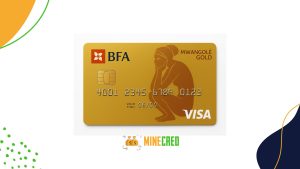 The BFA Mwangolé Gold card displayed on a clean white background, featuring a sleek gold design with the Visa logo, the BFA logo, and an artistic silhouette.