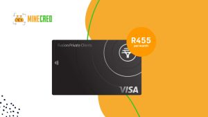 A sleek black FNB Fusion Private Clients Visa card with contactless symbol, displayed against an orange and white background. A bright orange circle highlights the monthly fee of R455. The MineCred logo appears in the top left corner.