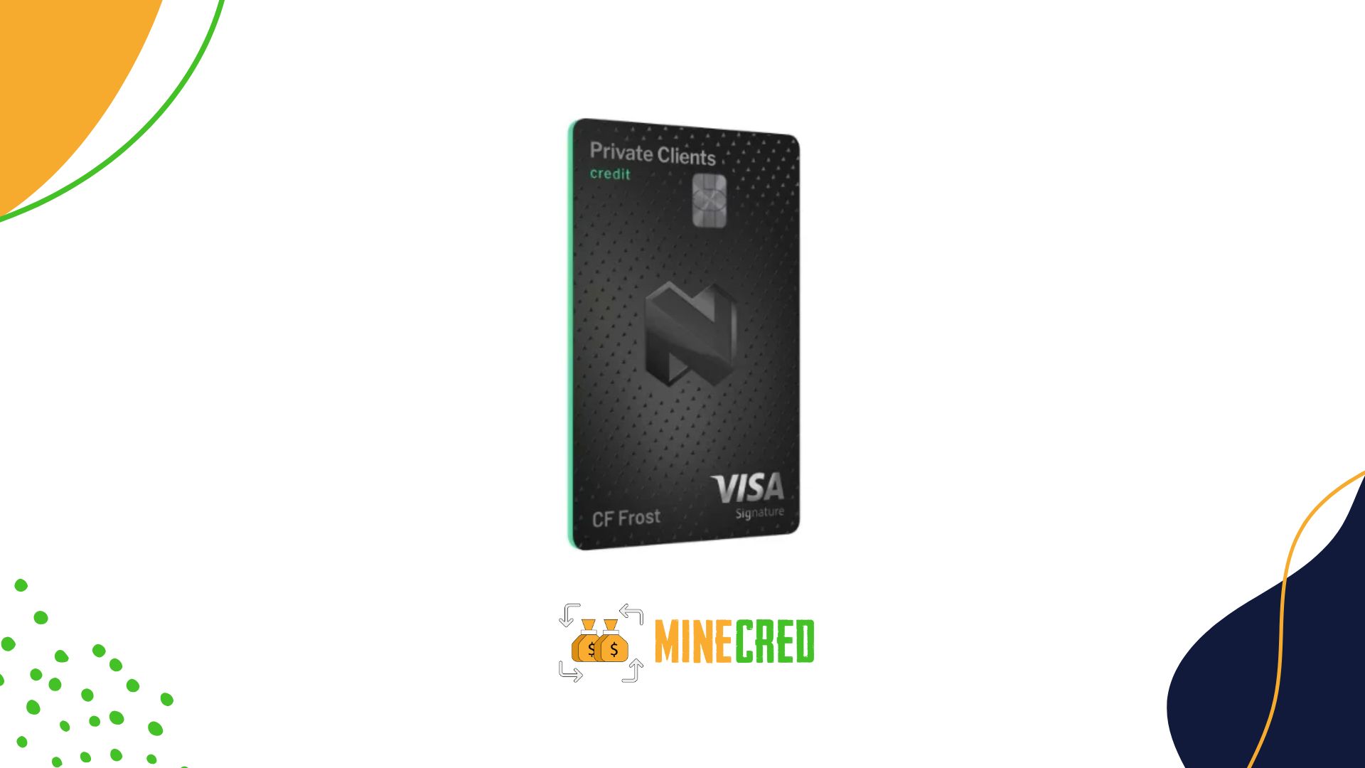 A sleek black Nedbank Private Clients Visa Signature credit card featuring a dotted gradient background, chip, and the name C F Frost, centered on a white background with colorful abstract shapes and the MineCred logo below.