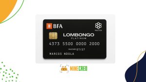 A digital illustration of the BFA Lombongo credit card centered on a white background, featuring the card’s sleek black design, gold chip, and embossed details including the cardholder's name and number. The card is branded with the BFA logo and labeled "Lombongo Platinum." Decorative elements and the "MINECRED" logo frame the image.