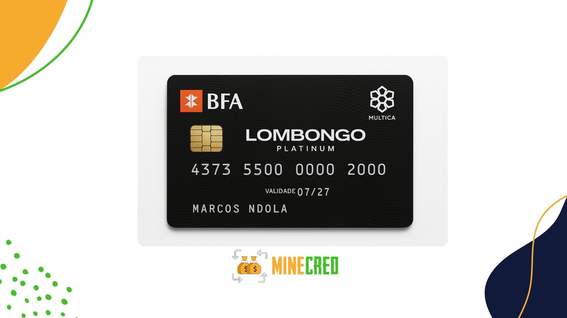 A digital illustration of the BFA Lombongo credit card centered on a white background, featuring the card’s sleek black design, gold chip, and embossed details including the cardholder's name and number. The card is branded with the BFA logo and labeled "Lombongo Platinum." Decorative elements and the "MINECRED" logo frame the image.