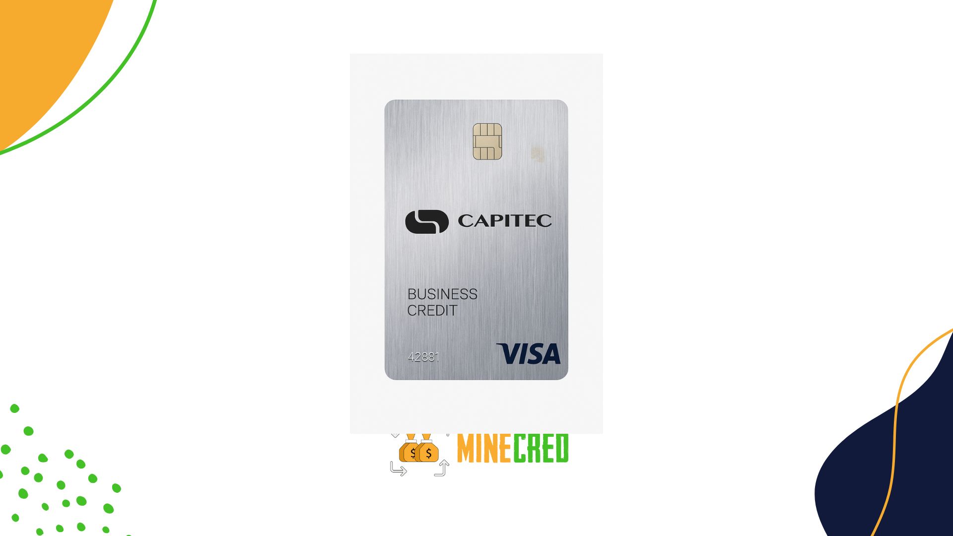 Vertical display of the Capitec Business Credit Card centered on a white background, with the card's brushed silver design, Capitec and Visa logos, and decorative elements from the MineCred brand in the corners.