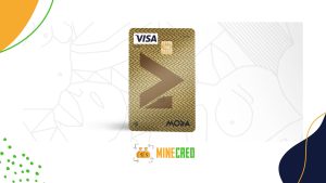 Gold credit card labeled "Moza Gold" with a geometric arrow pattern, Visa logo, and contactless symbol, displayed against a modern background with abstract line art and the MineCred logo.
