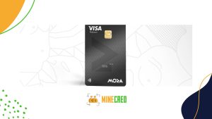 Front view of the Moza Platinum Visa card featuring a sleek black design, gold chip, and contactless symbol, presented by MineCred.
