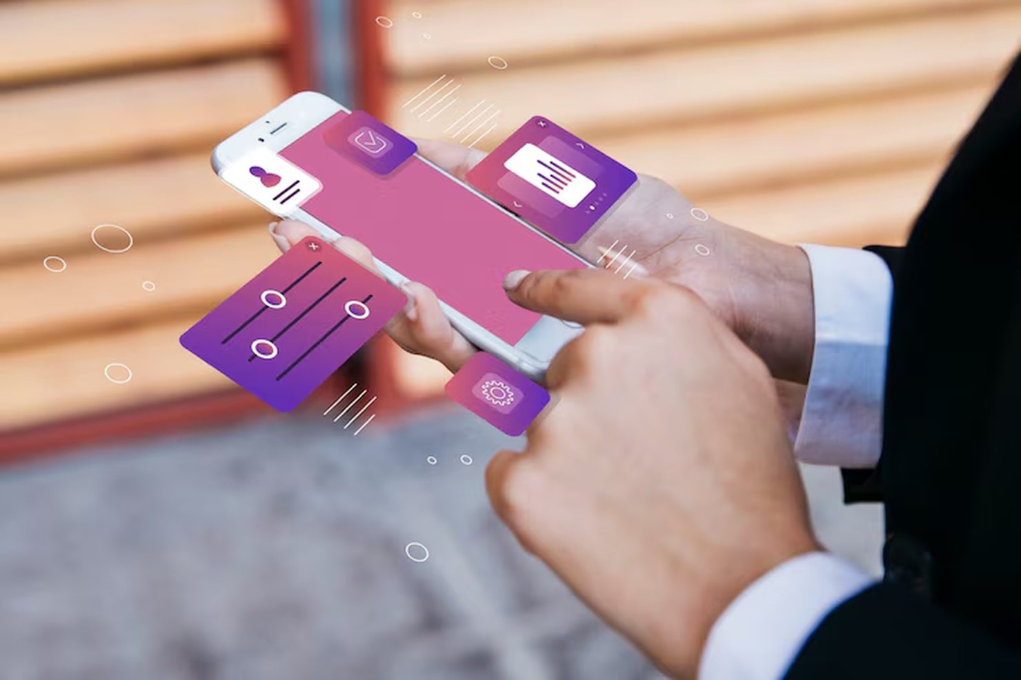 A person using a smartphone with floating digital interface icons representing financial tools, symbolizing the integration of digital wallets and mobile banking technology.