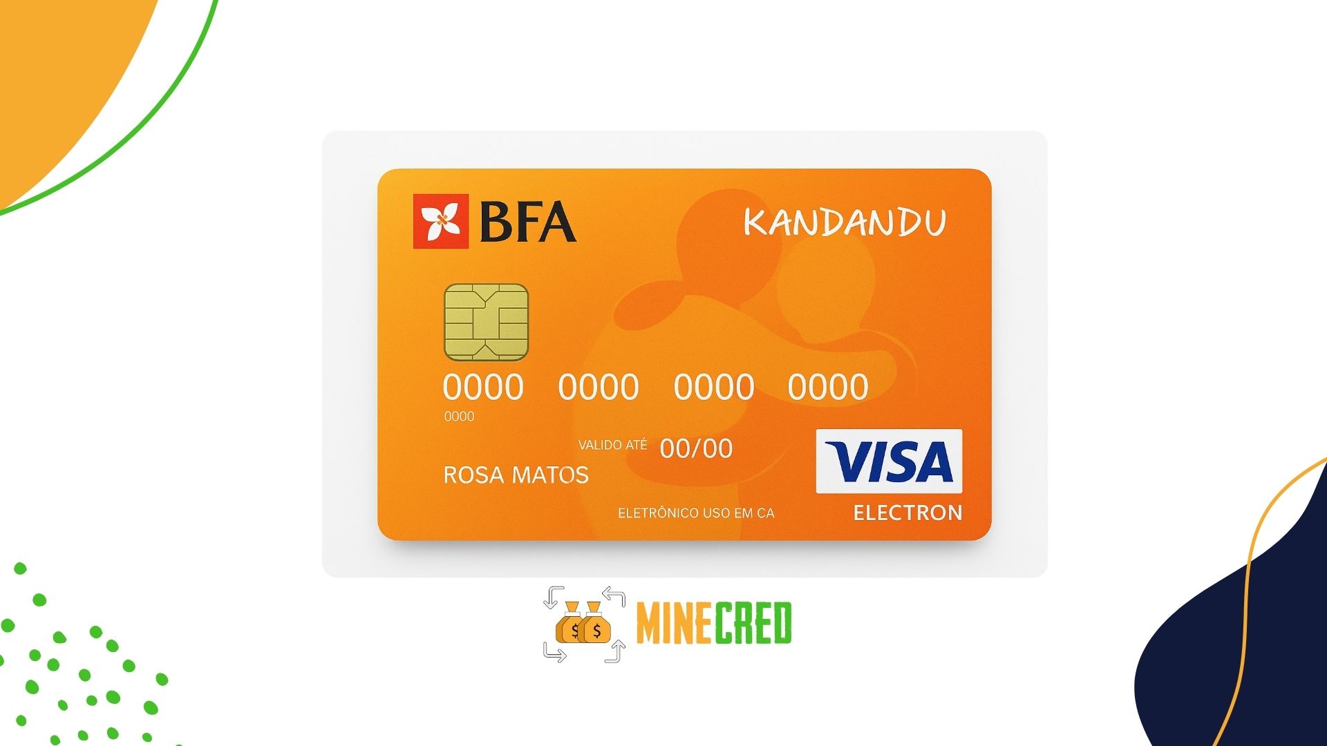 Visual of the BFA Kandandu card displayed on a white background with modern graphic elements, symbolizing convenience, financial inclusion, and secure electronic payments.