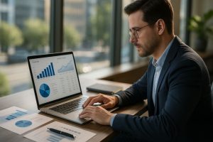 A finance professional analyzes charts and graphs on a laptop, reviewing growth and performance data related to digital microcredit platforms and P2P lending trends in Africa.