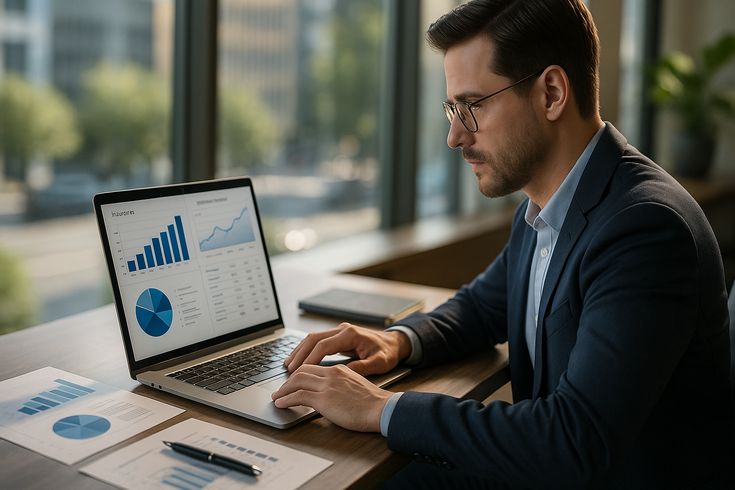 A finance professional analyzes charts and graphs on a laptop, reviewing growth and performance data related to digital microcredit platforms and P2P lending trends in Africa.