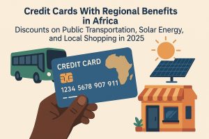 Flat-style illustration on a light beige background promoting regional-benefit credit cards in Africa. At the top, the headline reads: ‘Credit Cards With Regional Benefits in Africa: Discounts on Public Transportation, Solar Energy, and Local Shopping in 2025.’ In the foreground, a dark-skinned hand holds a blue credit card labeled ‘Credit Card,’ featuring a chip, a sample card number, and a map silhouette of Africa on the right side of the card. To the left, a green city bus represents public transportation savings. To the right, a solar panel under a stylized sun symbolizes solar-energy discounts, and a small local storefront with an awning indicates cashback or deals at neighborhood shops. The composition highlights practical, everyday rewards tied to transit, clean energy, and local commerce.