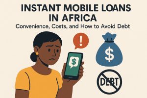 Infographic on a light beige background with the headline ‘Instant mobile loans in Africa’ and the subtitle ‘Convenience, costs, and how to avoid debt’ at the top. On the left, a worried young Black woman wearing a yellow shirt looks at a smartphone showing a money symbol, while an orange alert bubble with an exclamation mark floats above the phone. On the right, a blue money bag with a dollar sign and a ‘no debt’ symbol (the word ‘debt’ crossed out) emphasize borrowing risks and responsible use. The illustration highlights the ease of mobile loans alongside warning signs about costs and over-indebtedness.