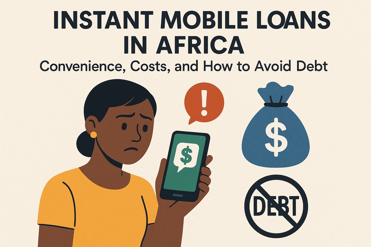 Infographic on a light beige background with the headline ‘Instant mobile loans in Africa’ and the subtitle ‘Convenience, costs, and how to avoid debt’ at the top. On the left, a worried young Black woman wearing a yellow shirt looks at a smartphone showing a money symbol, while an orange alert bubble with an exclamation mark floats above the phone. On the right, a blue money bag with a dollar sign and a ‘no debt’ symbol (the word ‘debt’ crossed out) emphasize borrowing risks and responsible use. The illustration highlights the ease of mobile loans alongside warning signs about costs and over-indebtedness.