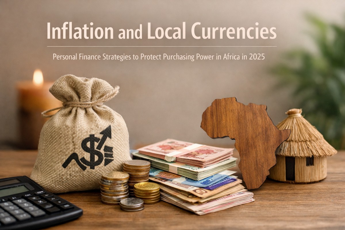 Still-life image illustrating inflation and local currencies in Africa. The scene shows a stack of African banknotes and coins on a wooden table, a burlap money bag marked with a dollar symbol and upward arrow, a wooden cutout of the African continent, a small traditional hut model, and a calculator. Soft lighting and neutral tones emphasize personal finance, savings protection, and economic challenges across African markets in 2025.