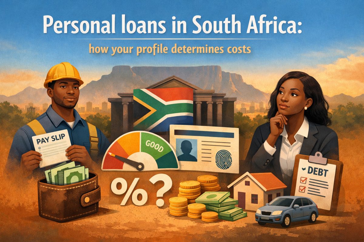 Illustrated cover about personal loans in South Africa with the headline “Personal loans in South Africa: how your profile determines costs.” The scene shows two stylized characters: an unidentified worker holding a “pay slip” next to a wallet filled with cash, and an unidentified professional woman thinking while holding a clipboard labeled “debt.” In the center are symbols of credit evaluation and borrowing costs, including a gauge marked “good,” an ID card with a fingerprint icon, stacks of coins and banknotes, a percentage symbol with a question mark, and small icons of a house and a car. The South African flag appears in the background in front of a civic building and a cityscape with Table Mountain, emphasizing the local financial context.
