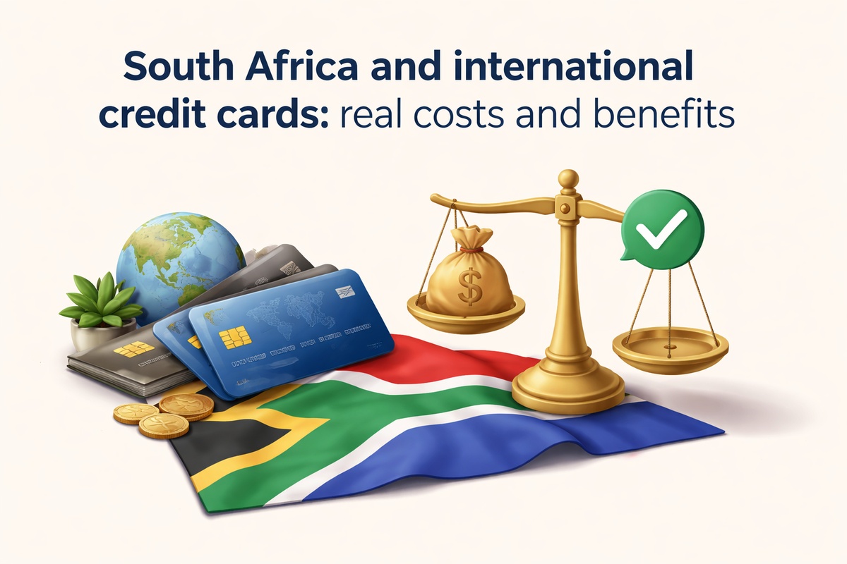 Illustration representing international credit card use in South Africa, featuring a stack of blue and black credit cards next to a globe and gold coins, placed on the South African flag. A golden balance scale holds a money bag on one side and a green checkmark on the other, symbolizing the balance between costs and benefits of global financial access.