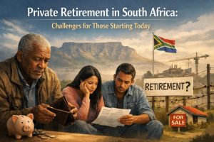 Editorial-style image about private retirement planning in South Africa showing three people reviewing finances: an older man holding an open wallet, a worried woman resting her head on her hand, and a man studying paperwork. In the background, Table Mountain is visible under a cloudy sky, with a South African flag on a pole, construction cranes, and a roadside sign reading “RETIREMENT?”. In the foreground, a piggy bank and scattered coins sit on a wooden table, and a “FOR SALE” sign near a small house suggests financial pressure and uncertainty about long-term security.