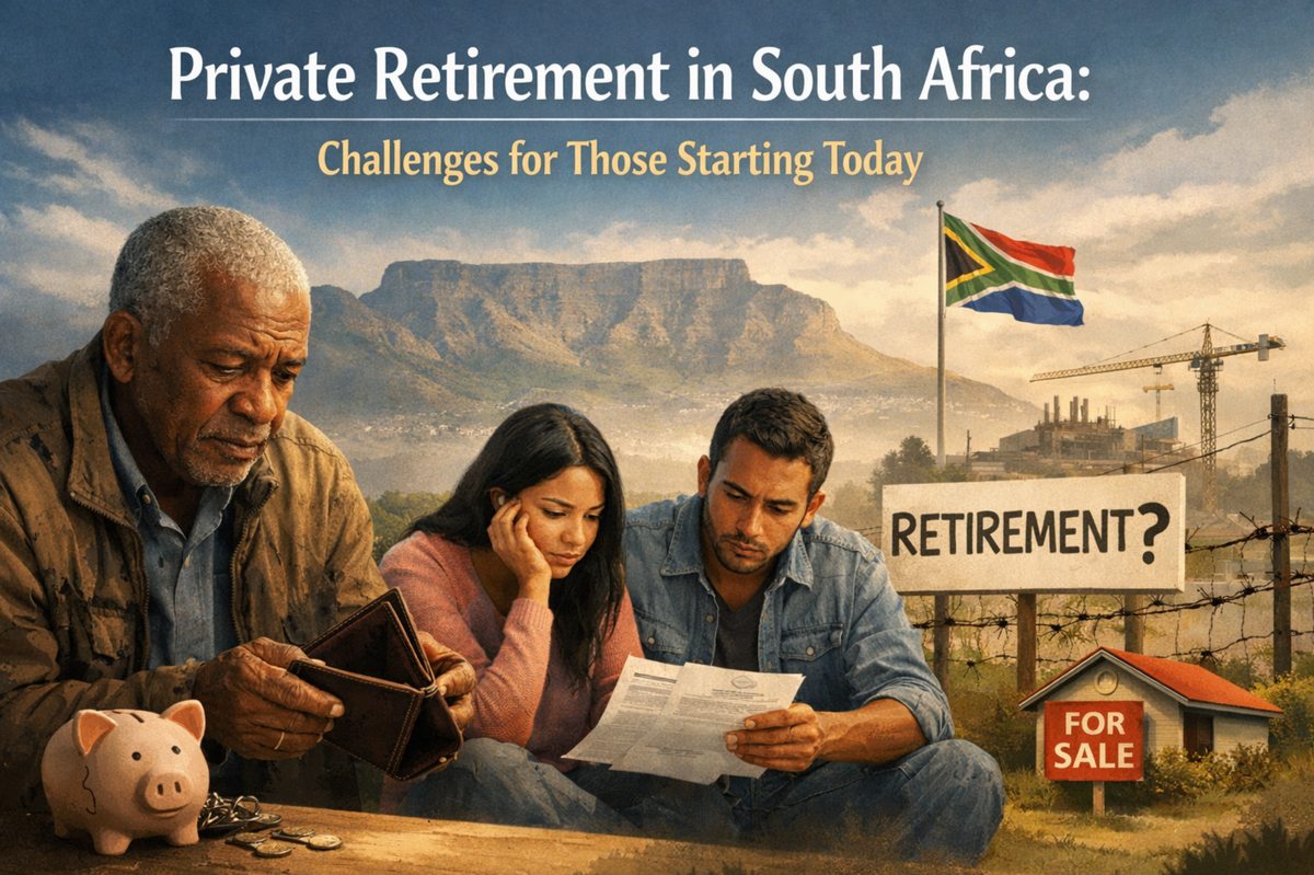Editorial-style image about private retirement planning in South Africa showing three people reviewing finances: an older man holding an open wallet, a worried woman resting her head on her hand, and a man studying paperwork. In the background, Table Mountain is visible under a cloudy sky, with a South African flag on a pole, construction cranes, and a roadside sign reading “RETIREMENT?”. In the foreground, a piggy bank and scattered coins sit on a wooden table, and a “FOR SALE” sign near a small house suggests financial pressure and uncertainty about long-term security.