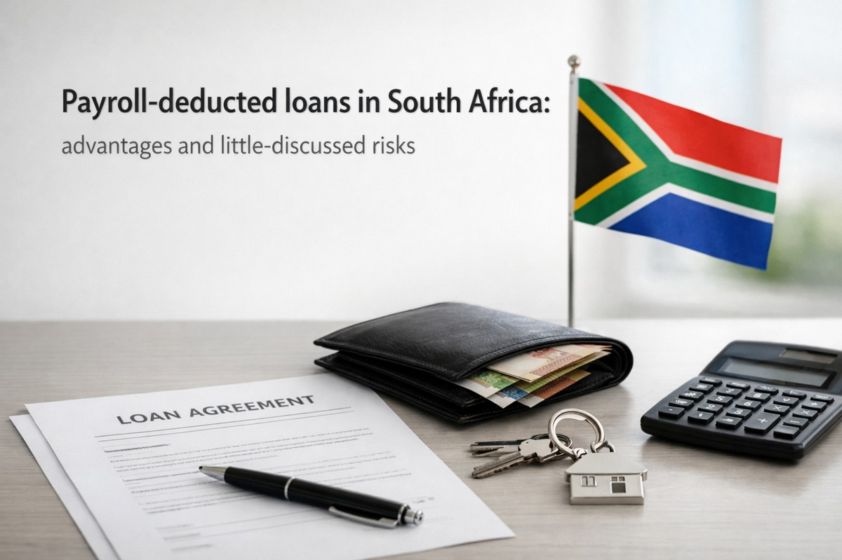 Conceptual image illustrating payroll-deducted loans in South Africa. The scene shows a desk with a signed loan agreement document, a pen, a calculator, a wallet containing cash, and a set of house keys, symbolizing financial commitments and personal assets. In the background, the South African flag is displayed on a small stand, reinforcing the national context. The title “Payroll-deducted loans in South Africa: advantages and little-discussed risks” appears on the left side, highlighting the educational and financial focus of the image. The overall composition conveys themes of borrowing, financial responsibility, and long-term economic impact.