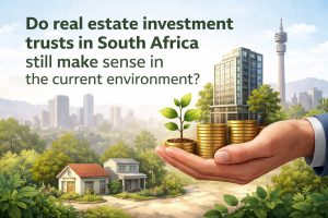 Illustration representing real estate investment trusts in South Africa, showing a hand holding stacks of gold coins with a growing plant emerging from one of them. In the background, there are residential houses, modern apartment buildings, and a city skyline surrounded by greenery. The scene symbolizes property investment, long-term growth, and financial decision-making within the current South African economic environment.