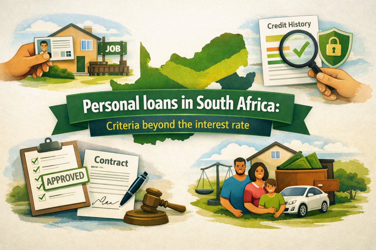 Illustrated banner about personal loans in South Africa, showing a green map of the country in the center with the title “Personal loans in South Africa: Criteria beyond the interest rate.” Surrounding illustrations include a hand holding an ID card in front of a house and a “JOB” sign, a credit history report with a magnifying glass and security shield, a clipboard marked “APPROVED” next to a contract and gavel, and a family illustration standing beside a car and savings, symbolizing financial stability, employment, credit evaluation, and loan approval criteria.