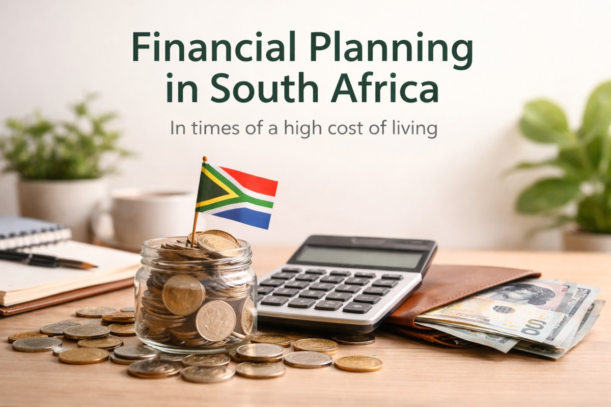Conceptual image illustrating financial planning in South Africa during a period of high cost of living. The scene shows a jar filled with coins topped with a small South African flag, surrounded by scattered coins on a wooden desk. Next to the jar are a calculator, a leather wallet containing South African banknotes, and a notebook in the background, symbolizing budgeting, savings, and careful financial management in a challenging economic environment.