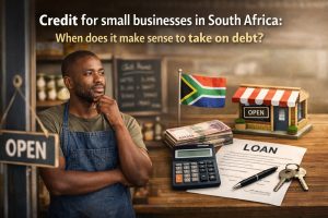 A thoughtful small business owner wearing a denim apron stands inside a cozy shop, resting his hand on his chin while looking to the side. In front of him on a wooden counter are a calculator, a stack of South African rand banknotes, a loan agreement document with a pen and keys, a miniature storefront model with an “Open” sign, and a small South African flag. At the top of the image, the text reads: “Credit for small businesses in South Africa: When does it make sense to take on debt?”