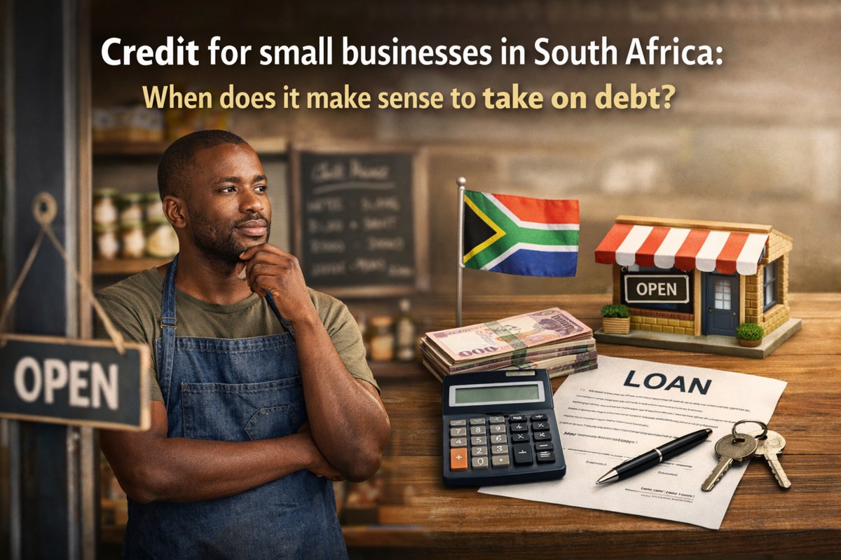 A thoughtful small business owner wearing a denim apron stands inside a cozy shop, resting his hand on his chin while looking to the side. In front of him on a wooden counter are a calculator, a stack of South African rand banknotes, a loan agreement document with a pen and keys, a miniature storefront model with an “Open” sign, and a small South African flag. At the top of the image, the text reads: “Credit for small businesses in South Africa: When does it make sense to take on debt?”