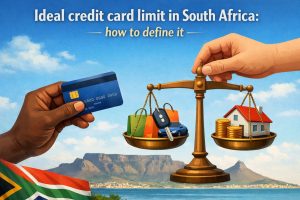 Illustrative image about defining the ideal credit card limit in South Africa. At the top, the title reads: “Ideal credit card limit in South Africa: how to define it.” In the center, a balanced scale is shown against a scenic background featuring Table Mountain and the coastline, with the South African flag visible in the lower corner. On the left side of the scale, there are shopping bags, a car key, and a blue car, representing consumer spending. On the right side, there is a small house model and stacks of gold coins, symbolizing savings and assets. Two hands are visible: one holding a blue credit card and the other adjusting the scale. No real people are present in the image.