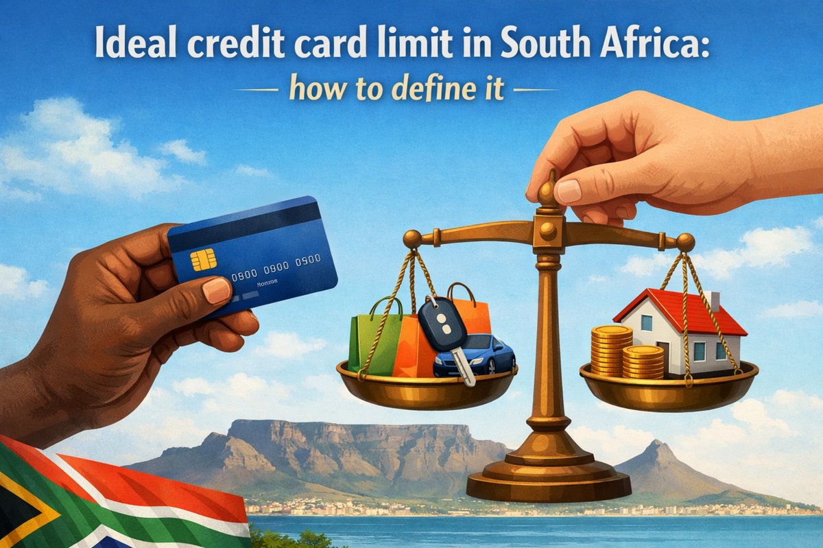 Illustrative image about defining the ideal credit card limit in South Africa. At the top, the title reads: “Ideal credit card limit in South Africa: how to define it.” In the center, a balanced scale is shown against a scenic background featuring Table Mountain and the coastline, with the South African flag visible in the lower corner. On the left side of the scale, there are shopping bags, a car key, and a blue car, representing consumer spending. On the right side, there is a small house model and stacks of gold coins, symbolizing savings and assets. Two hands are visible: one holding a blue credit card and the other adjusting the scale. No real people are present in the image.