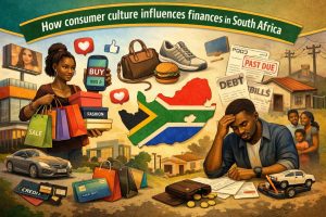 Illustration showing how consumer culture influences finances in South Africa, featuring a woman holding shopping bags and a smartphone with a “buy” message, social media icons, retail items like clothing, shoes, and food, alongside a stressed man reviewing bills labeled debt and past due, with the South African flag map in the center, highlighting the impact of consumer behavior, debt, spending habits, and financial pressure in South Africa.