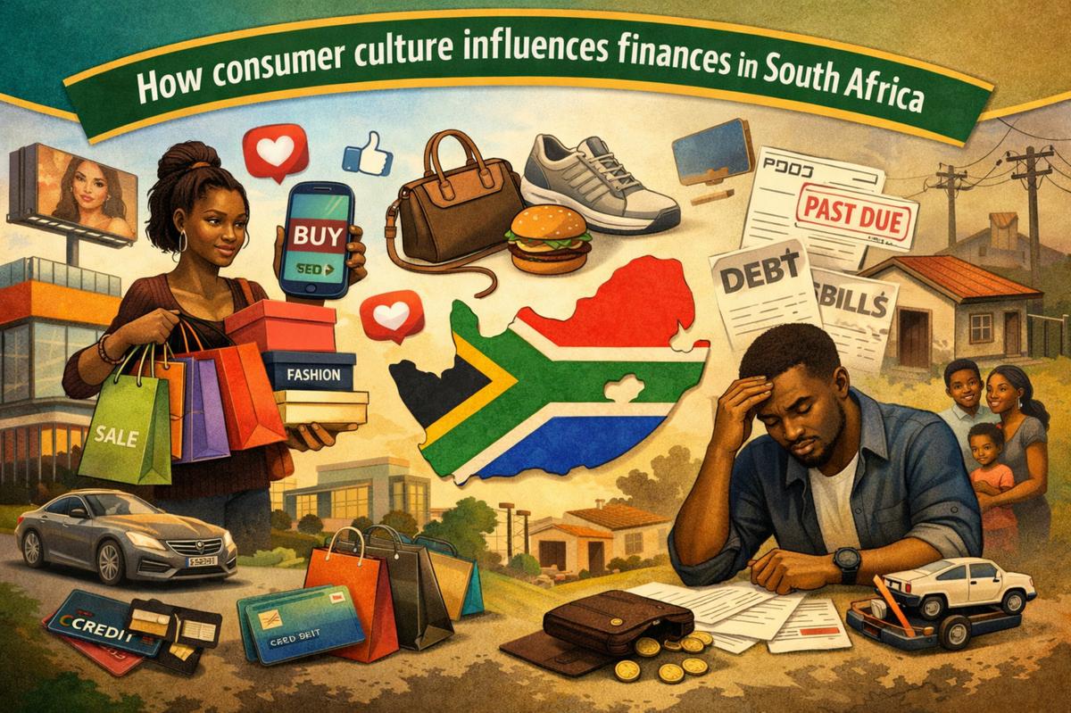 Illustration showing how consumer culture influences finances in South Africa, featuring a woman holding shopping bags and a smartphone with a “buy” message, social media icons, retail items like clothing, shoes, and food, alongside a stressed man reviewing bills labeled debt and past due, with the South African flag map in the center, highlighting the impact of consumer behavior, debt, spending habits, and financial pressure in South Africa.