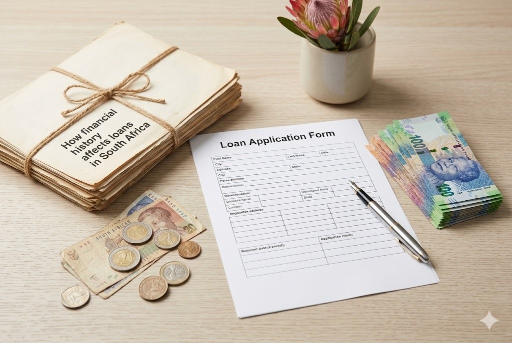 A photograph of a loan application form and pen, flanked by South African Rand currency and documents tied with string titled, "How financial history affects loans in South Africa."