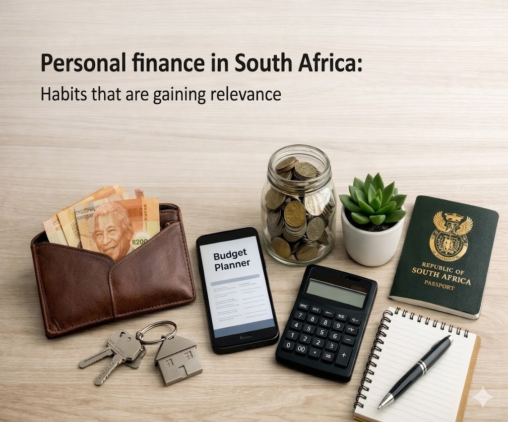 A flat lay photograph on a wooden table featuring items related to personal finance and travel, including South African Rand currency, a South African passport, a smartphone with a budget planner, a calculator, and keys. Text reads: "Personal finance in South Africa: Habits that are gaining relevance".