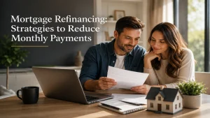Couple reviewing mortgage refinancing documents at home while planning strategies to reduce monthly payments and improve long-term financial stability.