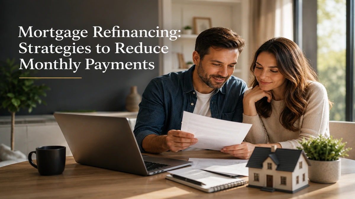 Couple reviewing mortgage refinancing documents at home while planning strategies to reduce monthly payments and improve long-term financial stability.